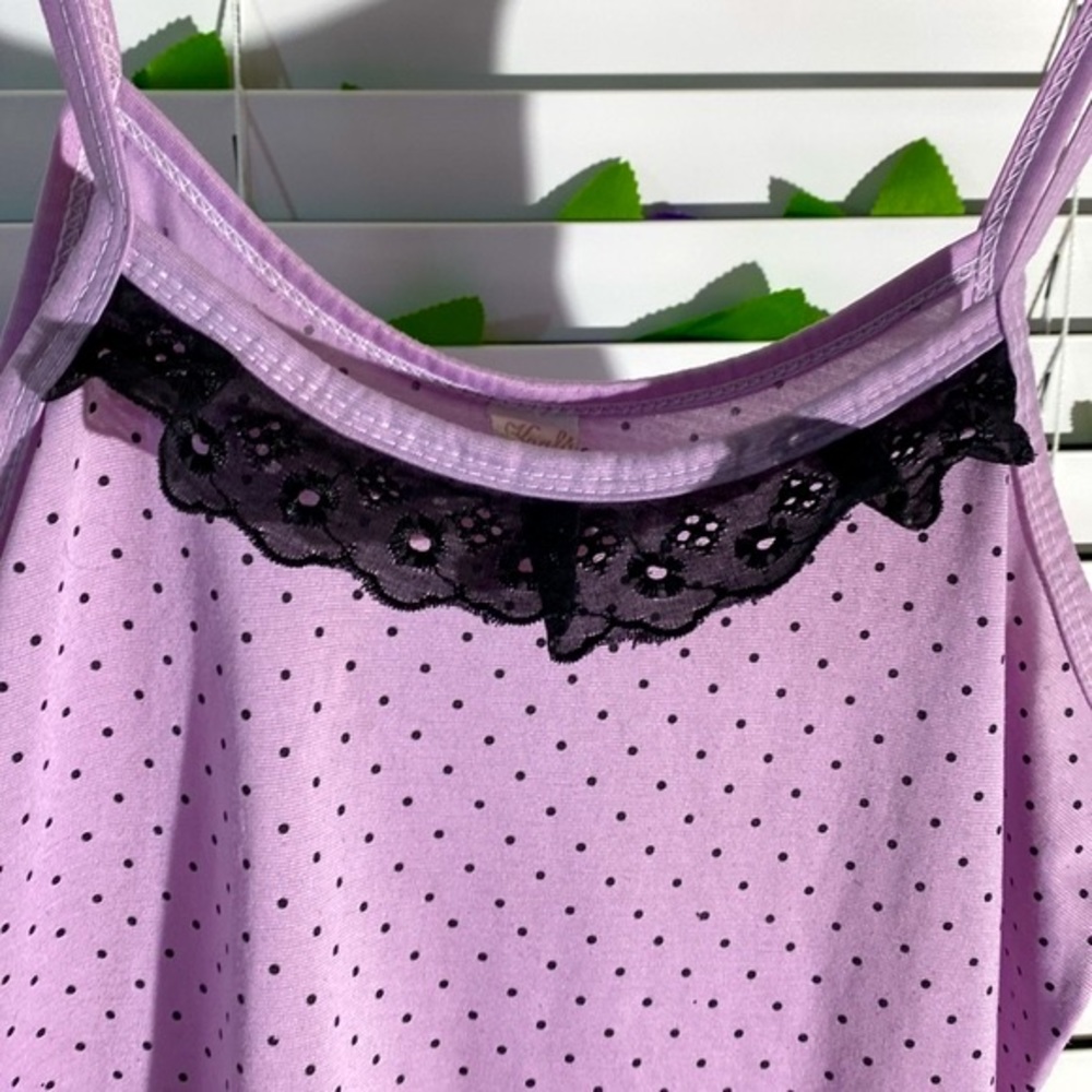 KAFA Confections lavender cami with black ruffle neck and black pin dots